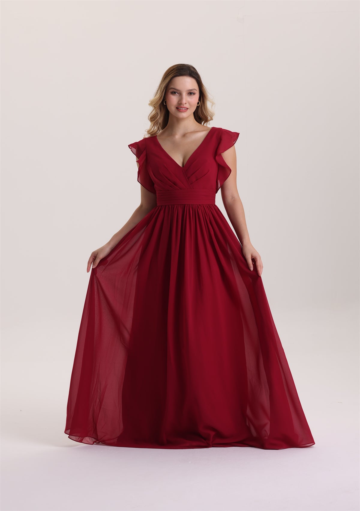 Ruffle Sleeves A Line Pleated Waist Bridesmaid Dress