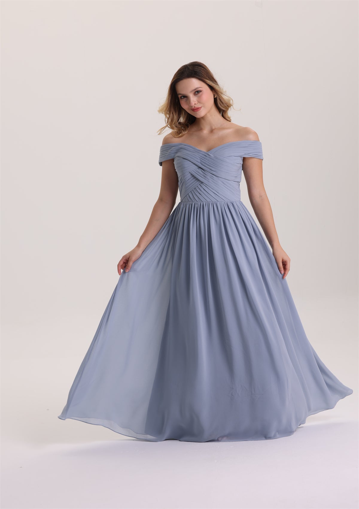 Off Shoulder Cris-Cross Pleated A Line Bridesmaid Dress