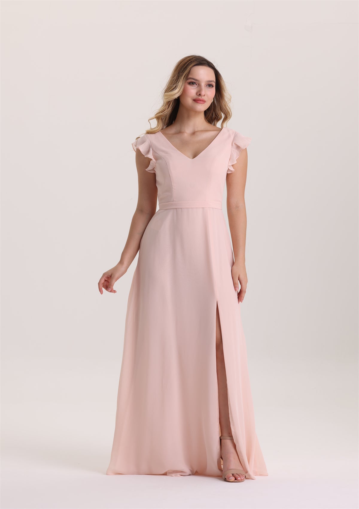 V Neck Ruffle Sleeves Slit Cut Out Back Bridesmaid Dress