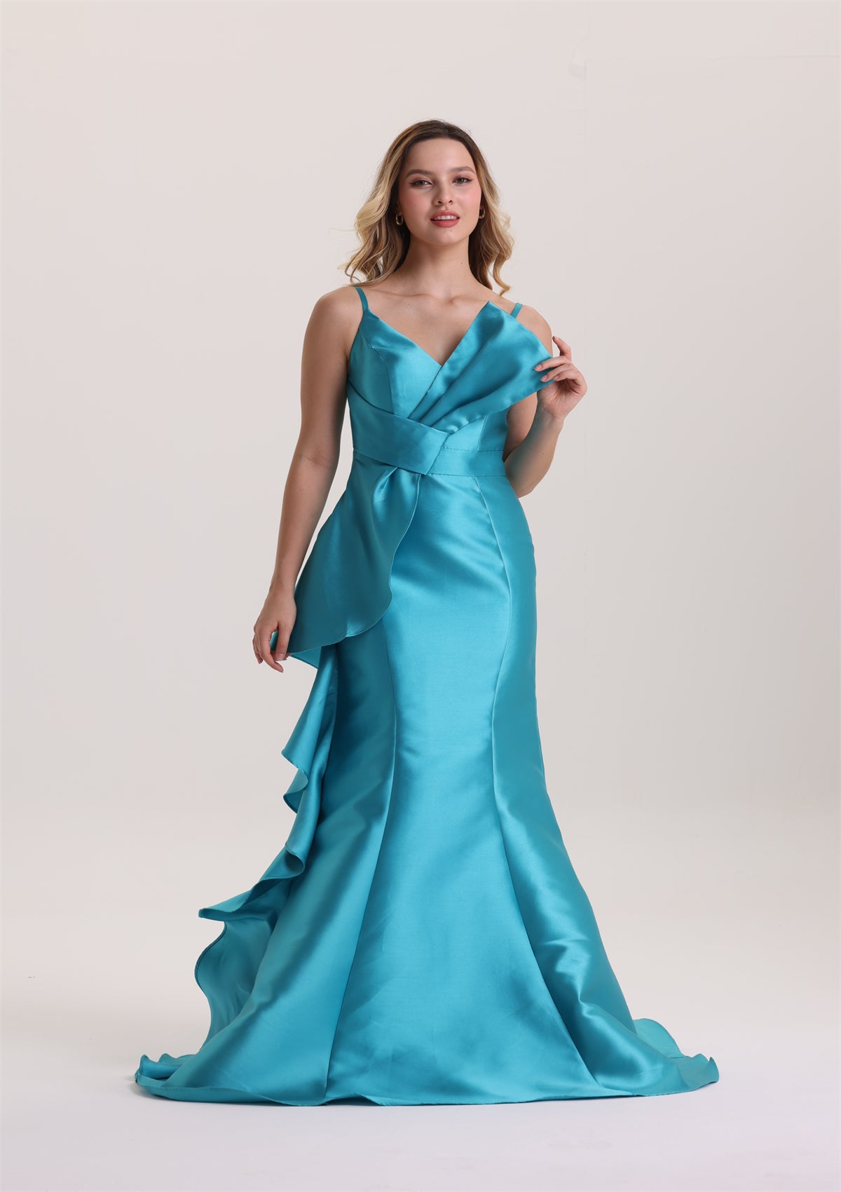 Mermaid Spaghetti Strap Ruffle Satin Evening Dress