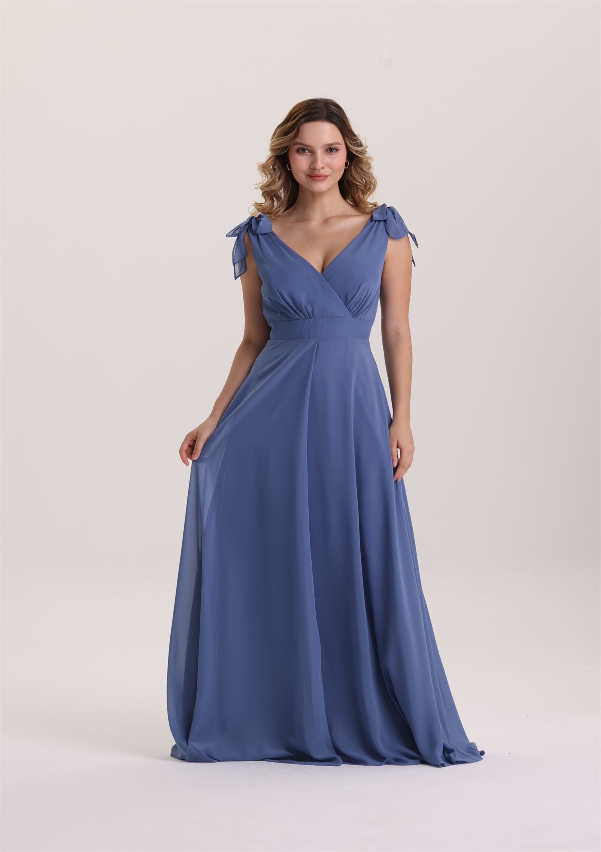 Spaghetti Strap with Bow V Neck Bridesmaid Dress