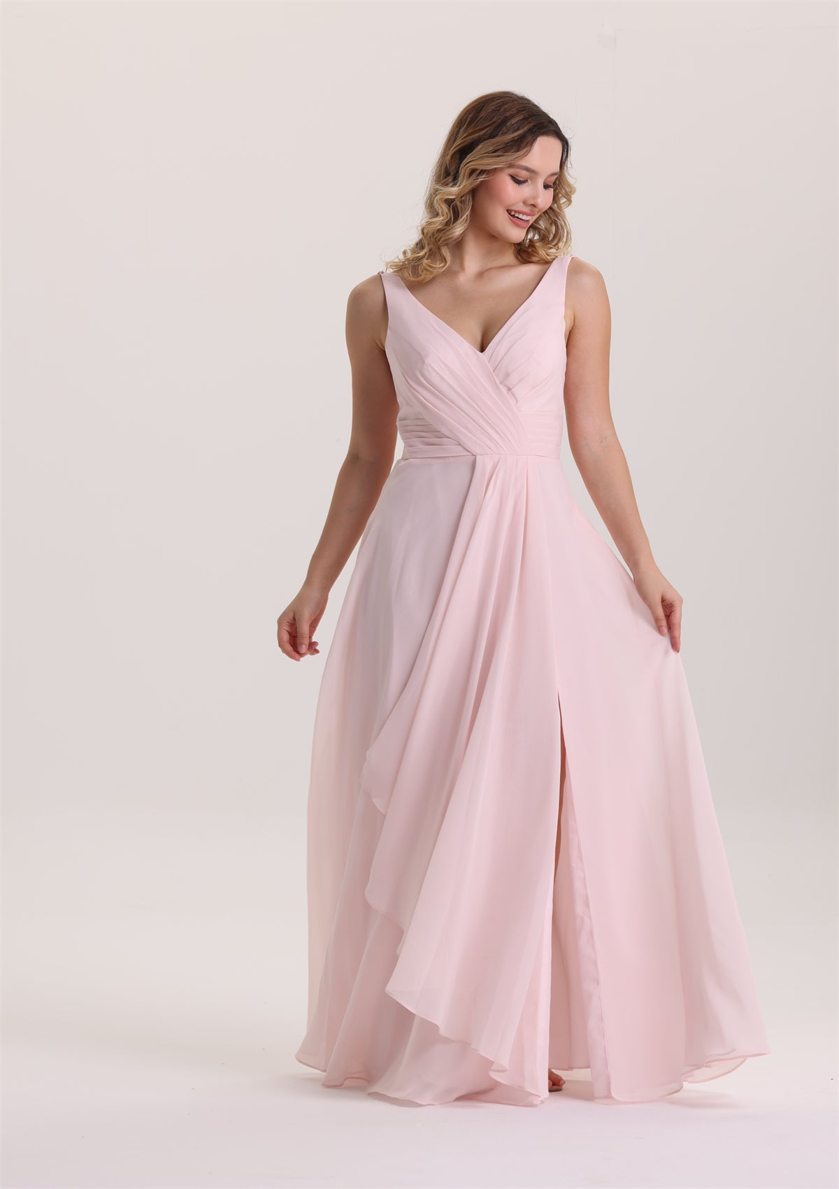 V Neck Spaghetti Strap Ruffle Bridesmaid Dress with Bow