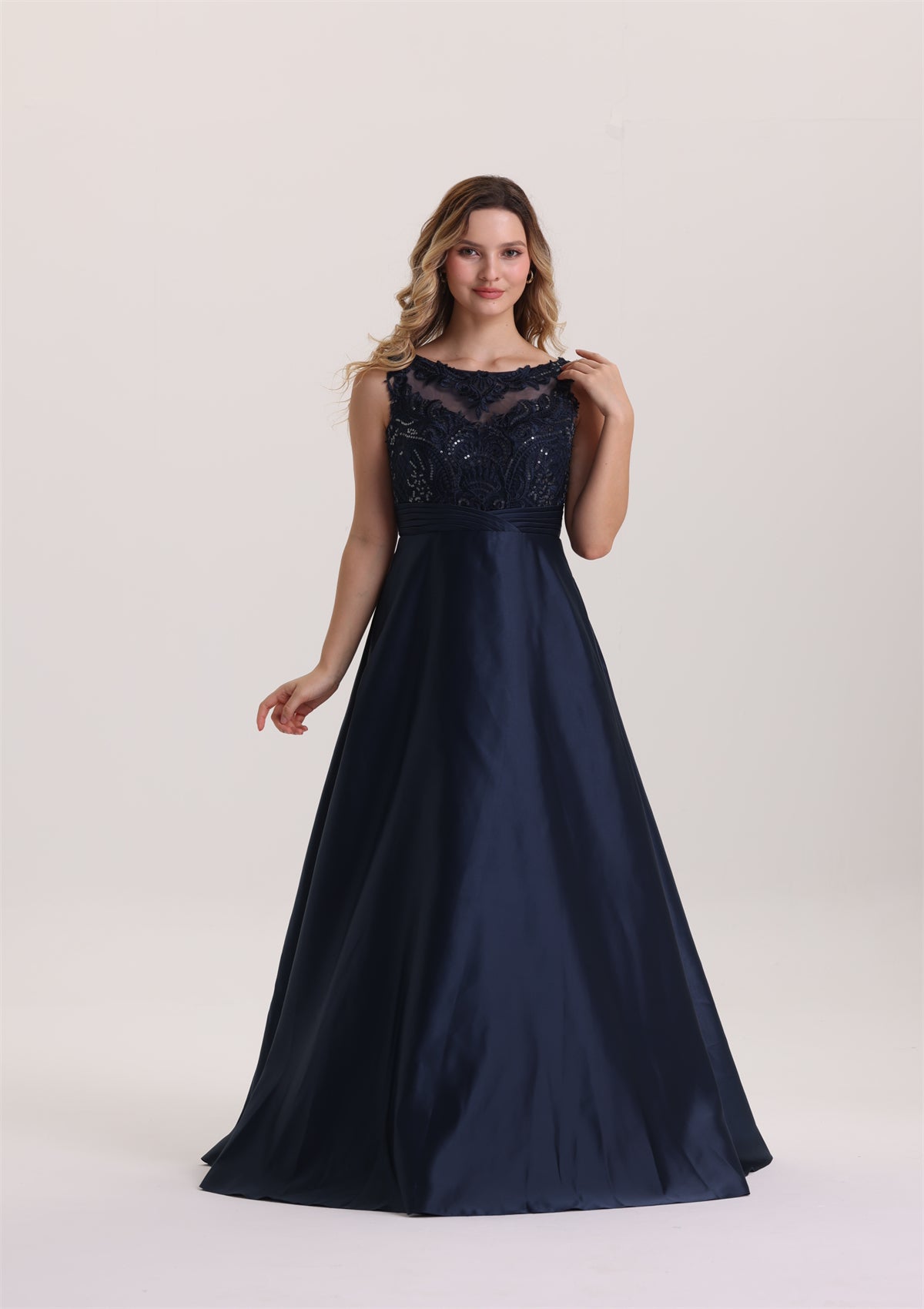 A Line Sleeveless Sequin Lace Appliques Satin Evening Dress