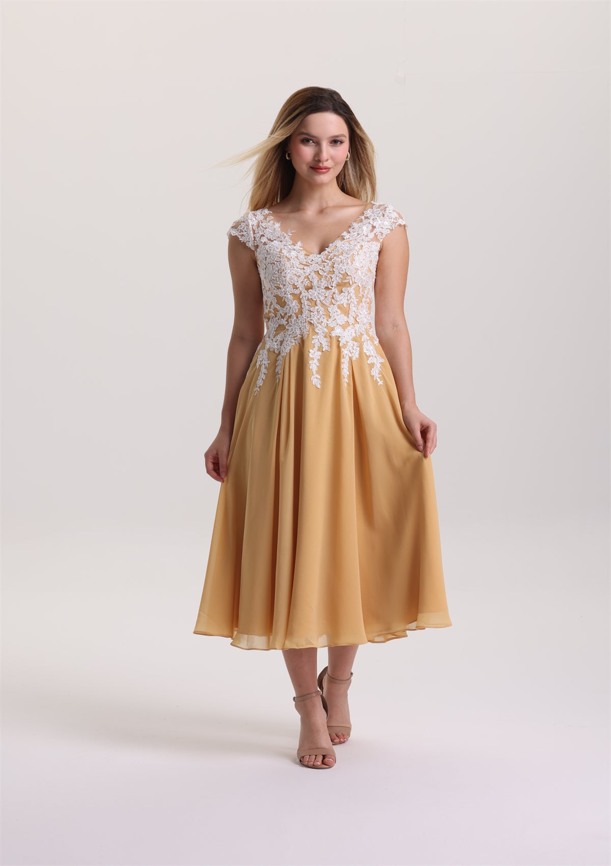 Cap Sleeves V Neck Lace Appliques Mother of The Bride Dress
