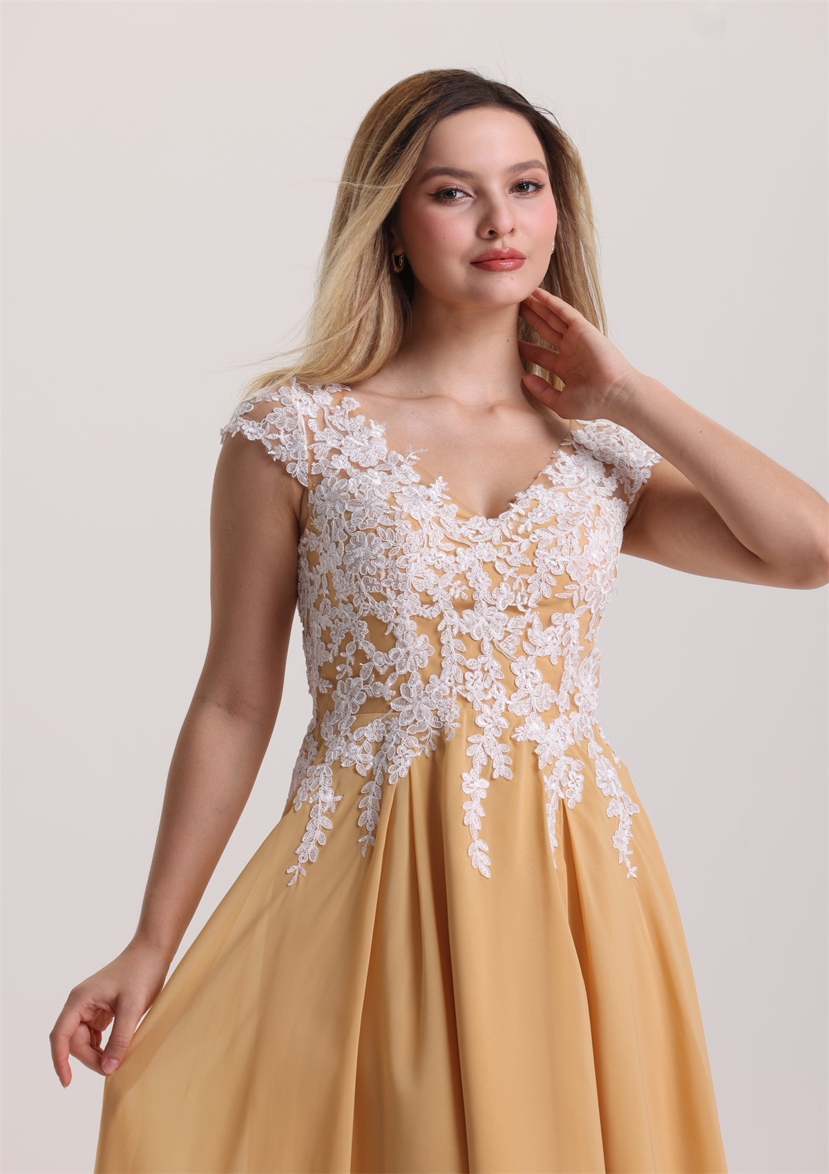 Cap Sleeves V Neck Lace Appliques Mother of The Bride Dress