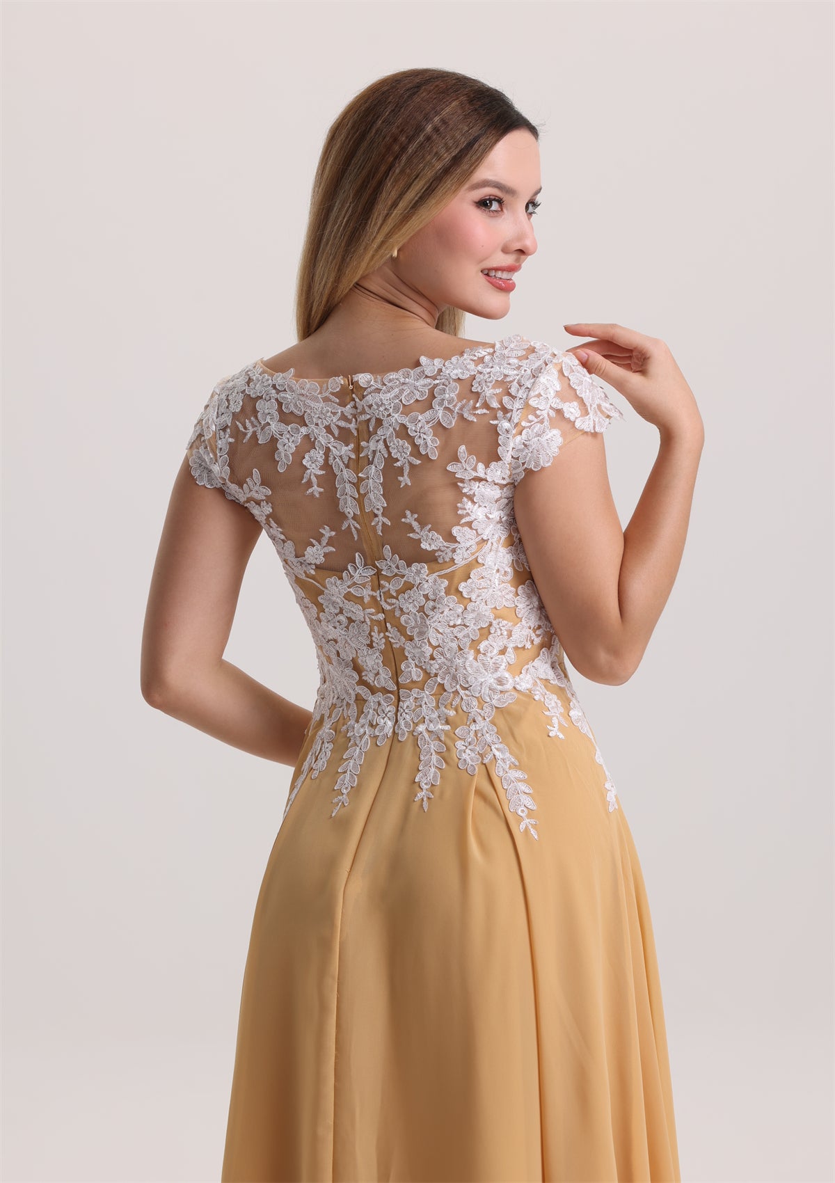 Cap Sleeves V Neck Lace Appliques Mother of The Bride Dress
