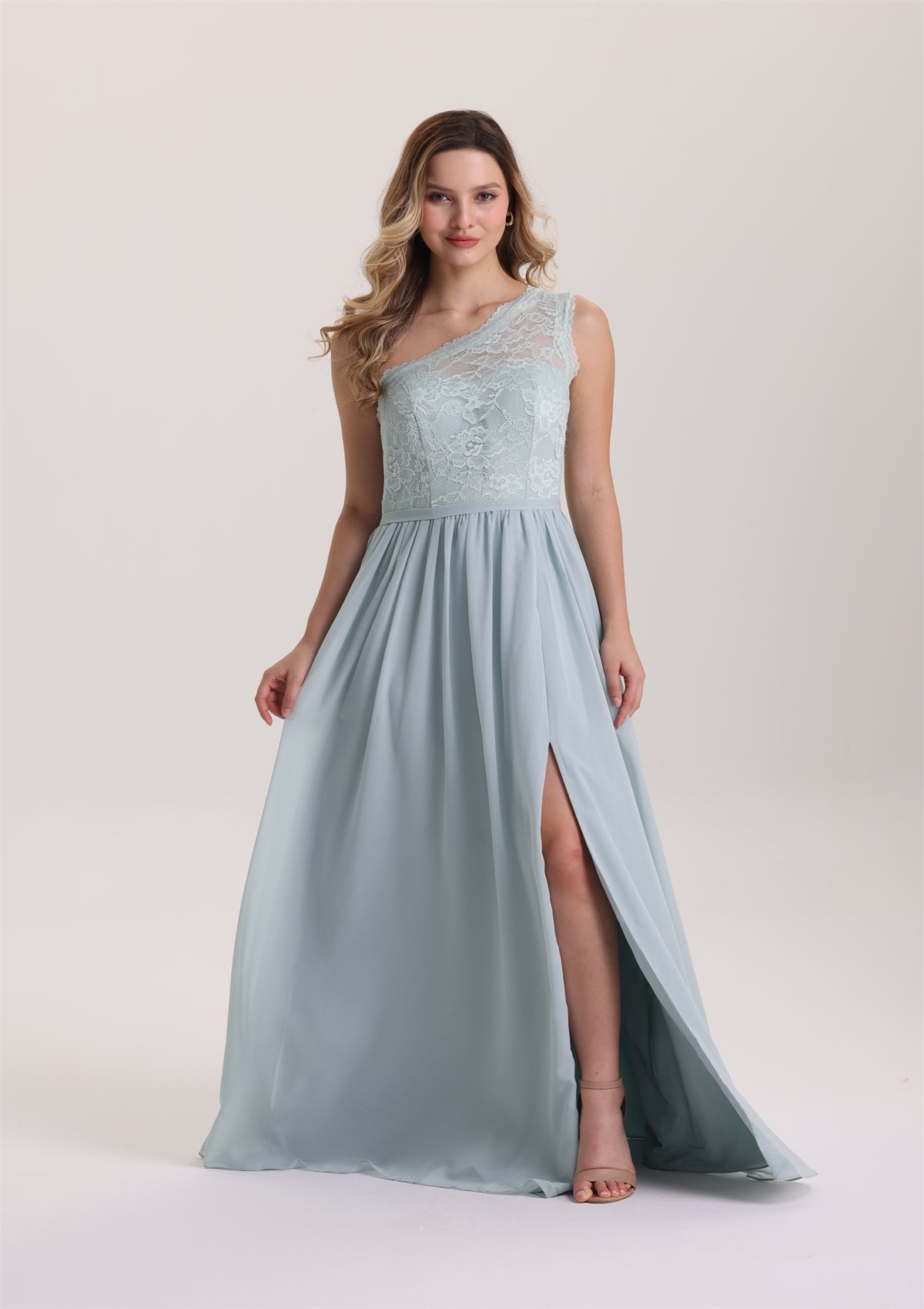 Asymmetrical Neck Lace Chiffon Bridesmaid Dress