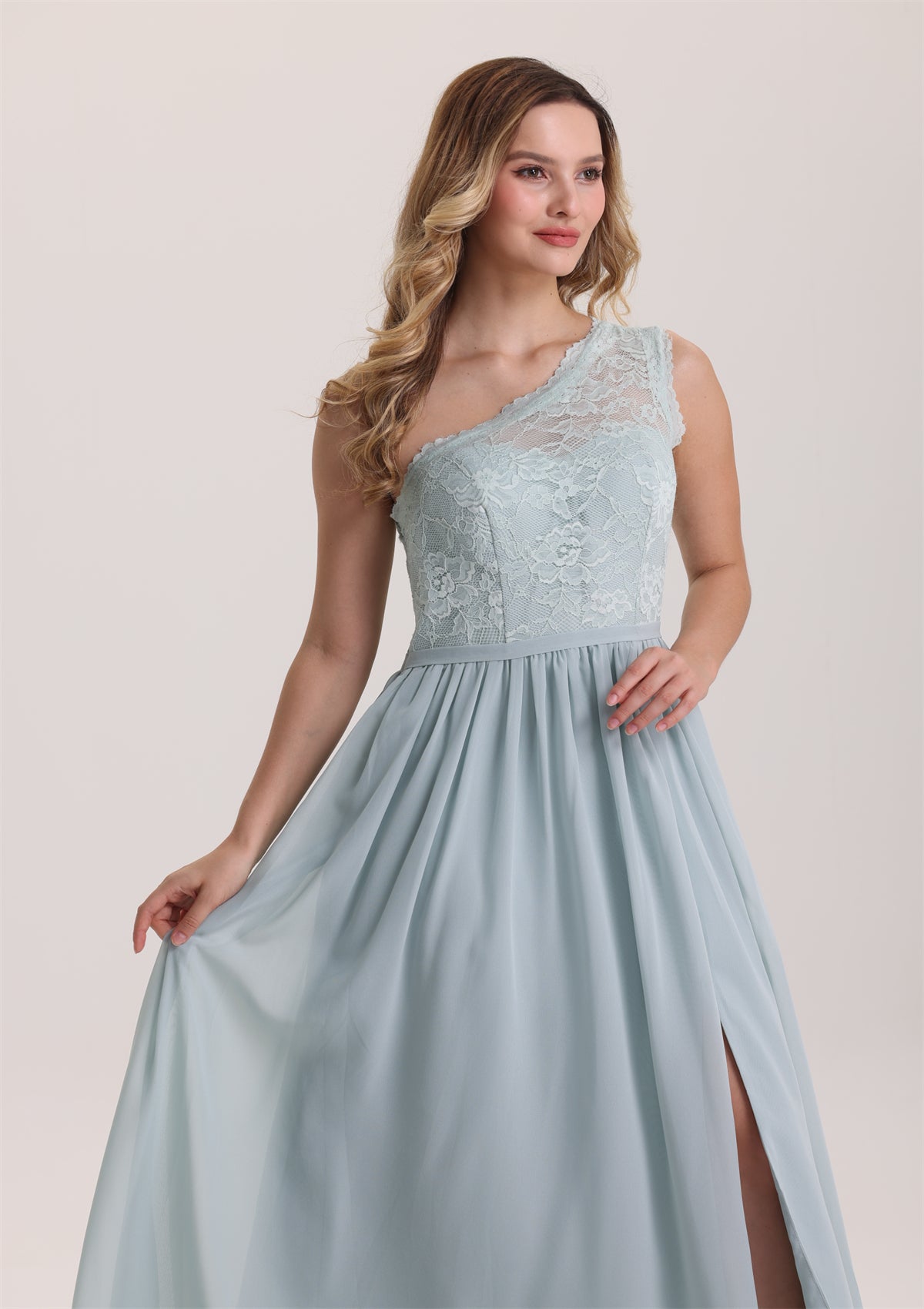 Asymmetrical Neck Lace Chiffon Bridesmaid Dress
