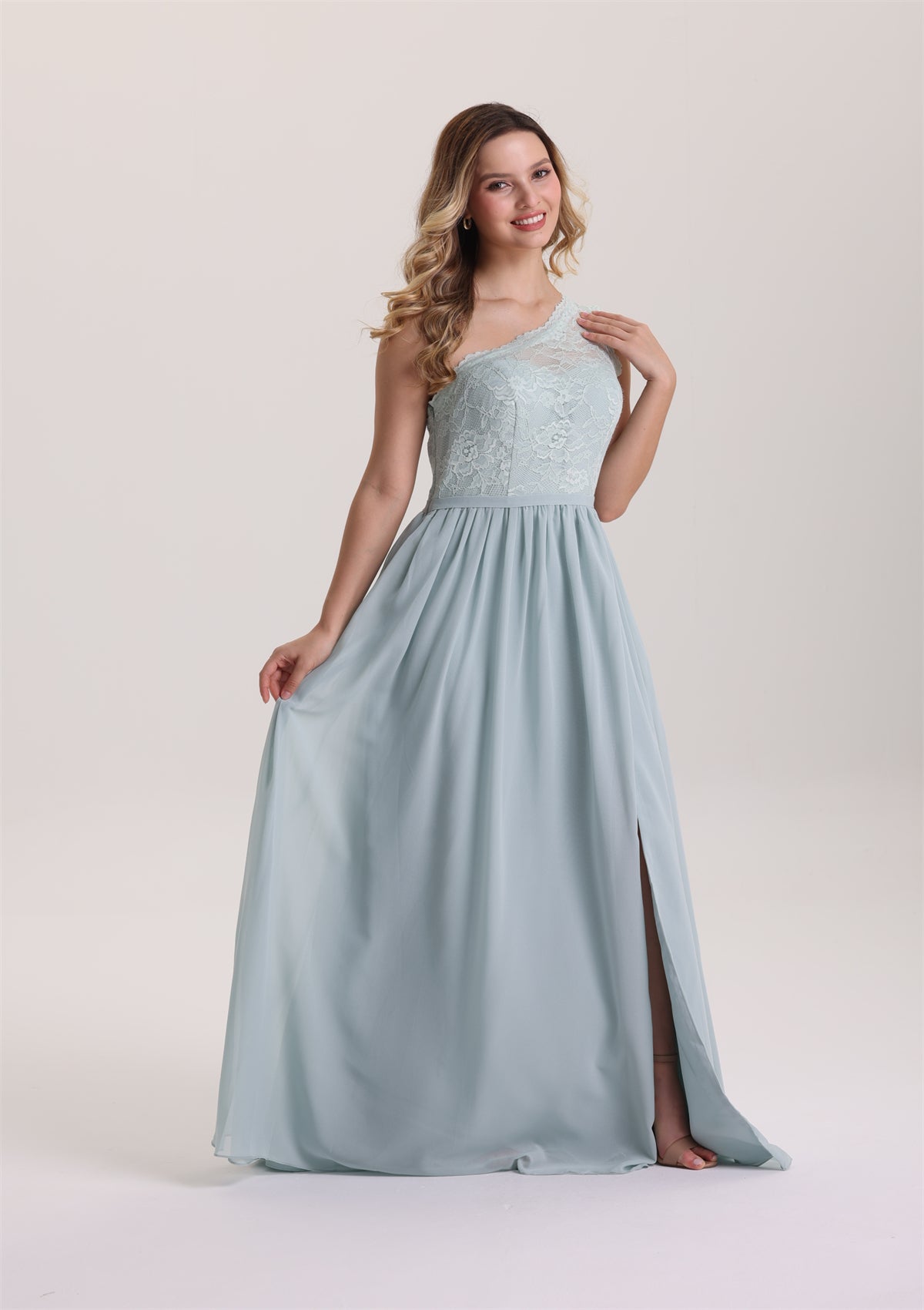 Asymmetrical Neck Lace Chiffon Bridesmaid Dress
