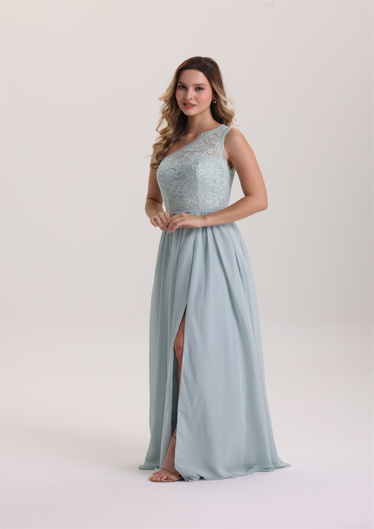 Asymmetrical Neck Lace Chiffon Bridesmaid Dress