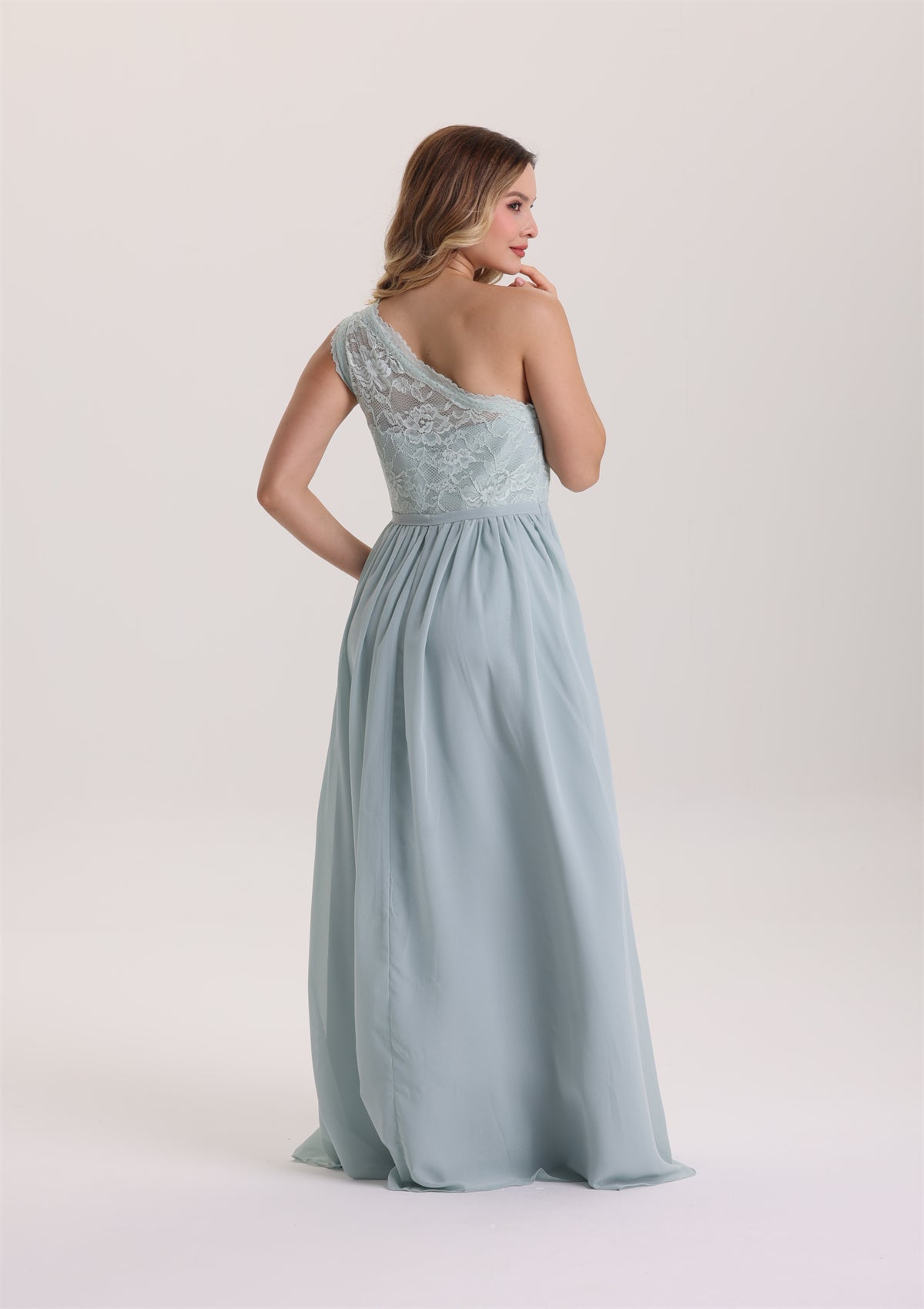 Asymmetrical Neck Lace Chiffon Bridesmaid Dress