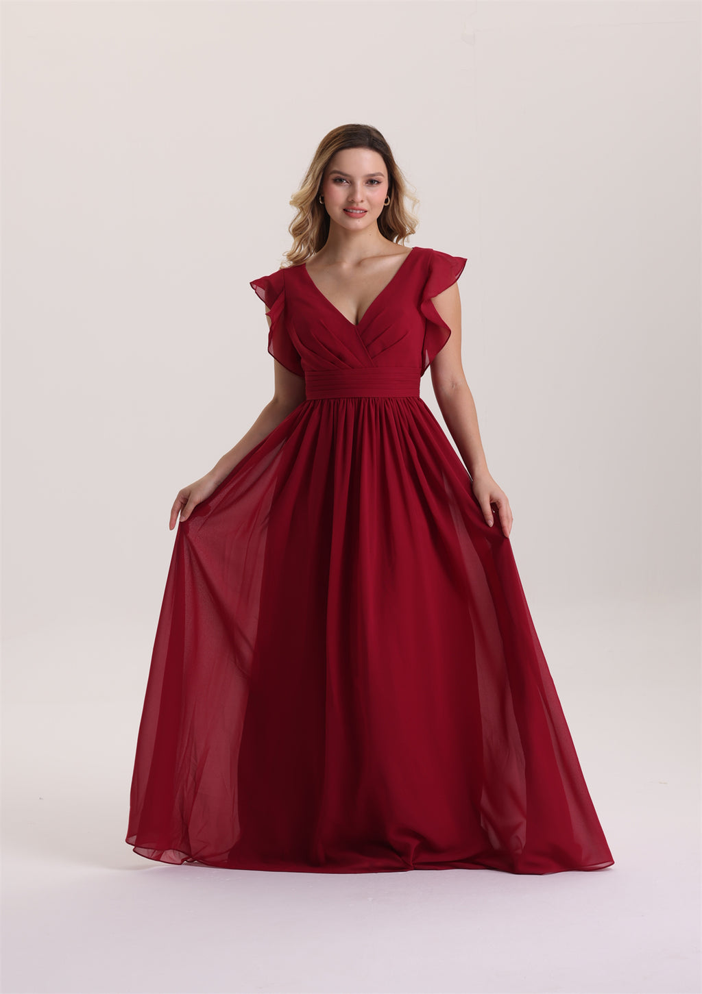 Ruffle Sleeves A Line Pleated Waist Bridesmaid Dress