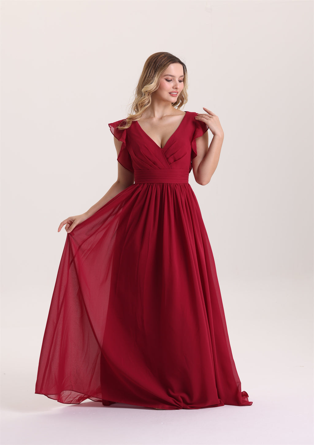 Ruffle Sleeves A Line Pleated Waist Bridesmaid Dress