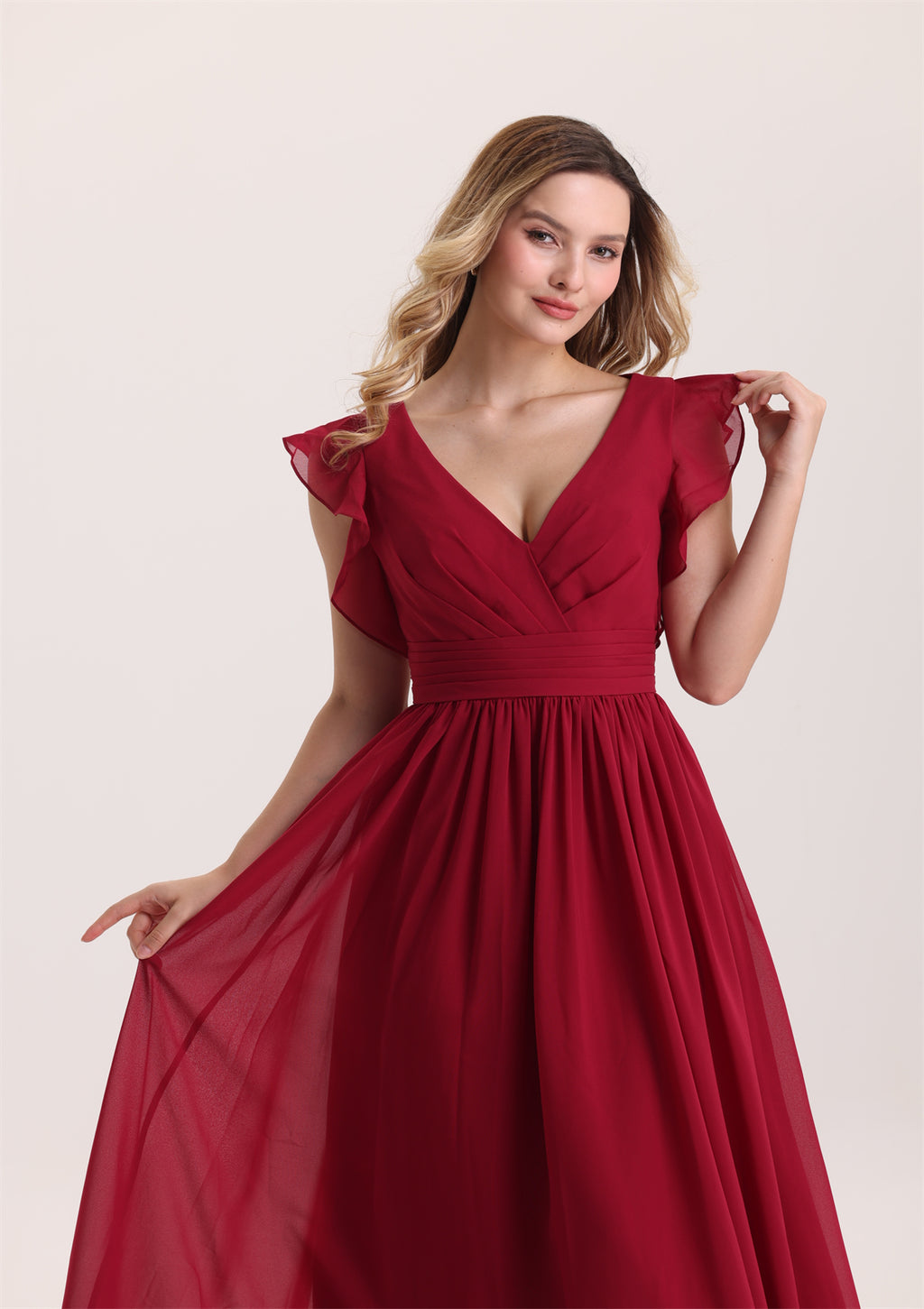 Ruffle Sleeves A Line Pleated Waist Bridesmaid Dress