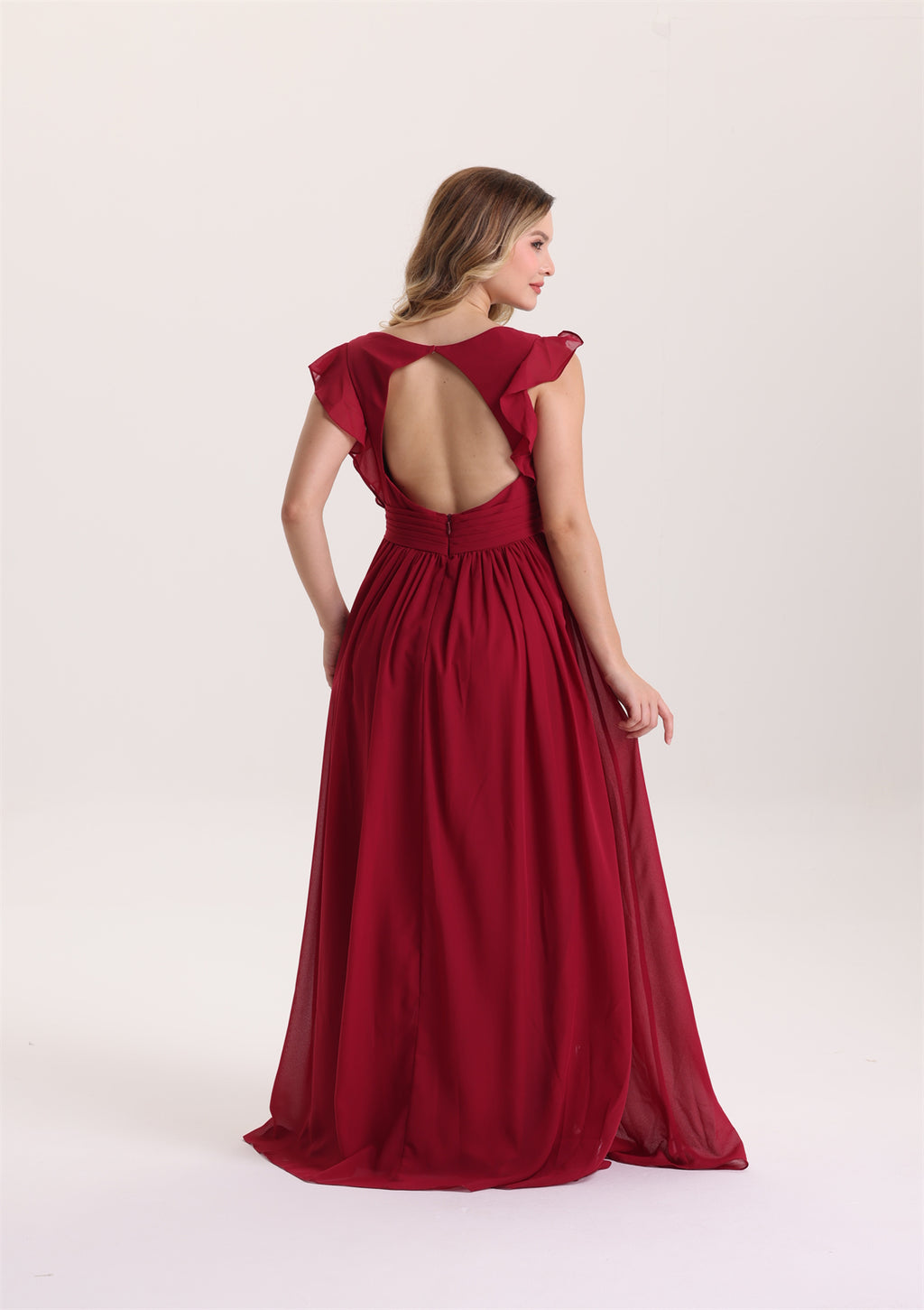 Ruffle Sleeves A Line Pleated Waist Bridesmaid Dress