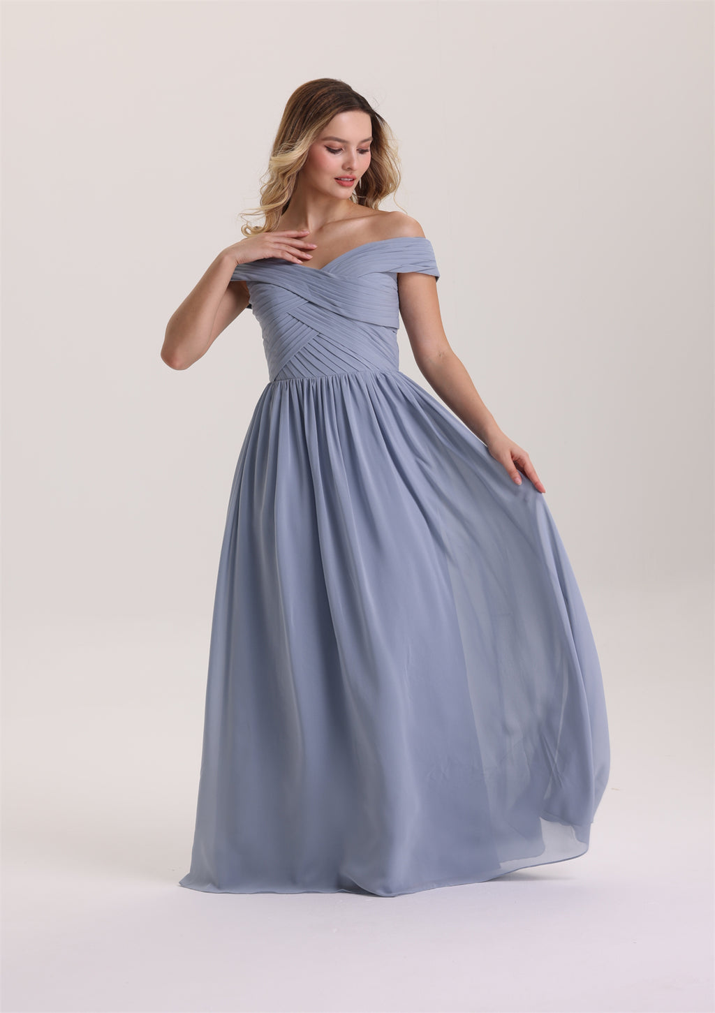Off Shoulder Cris-Cross Pleated A Line Bridesmaid Dress
