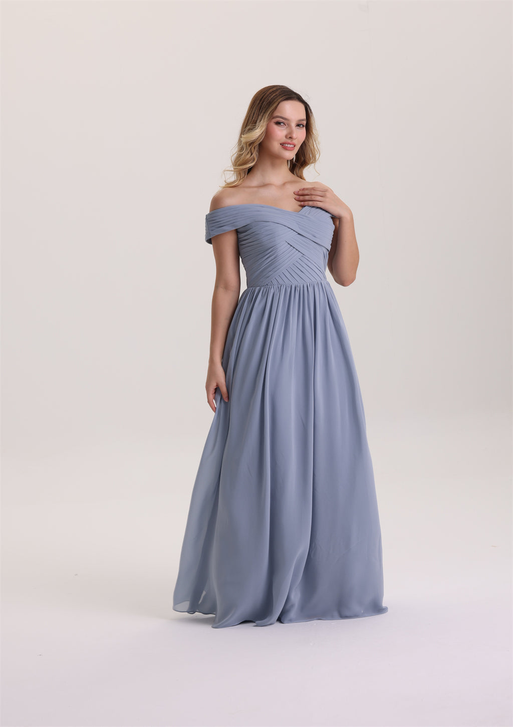 Off Shoulder Cris-Cross Pleated A Line Bridesmaid Dress