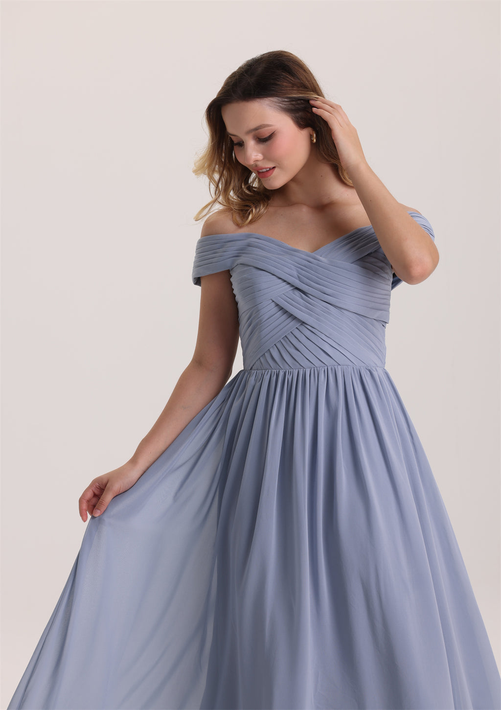 Off Shoulder Cris-Cross Pleated A Line Bridesmaid Dress