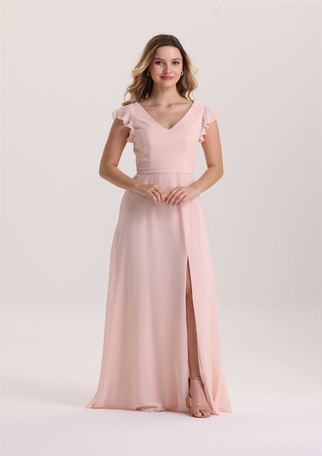 V Neck Ruffle Sleeves Slit Cut Out Back Bridesmaid Dress
