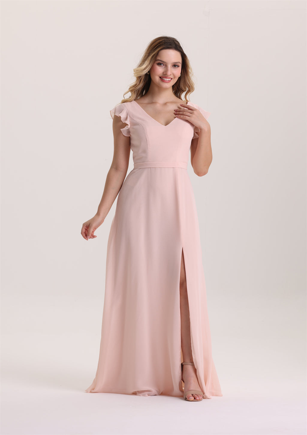 V Neck Ruffle Sleeves Slit Cut Out Back Bridesmaid Dress