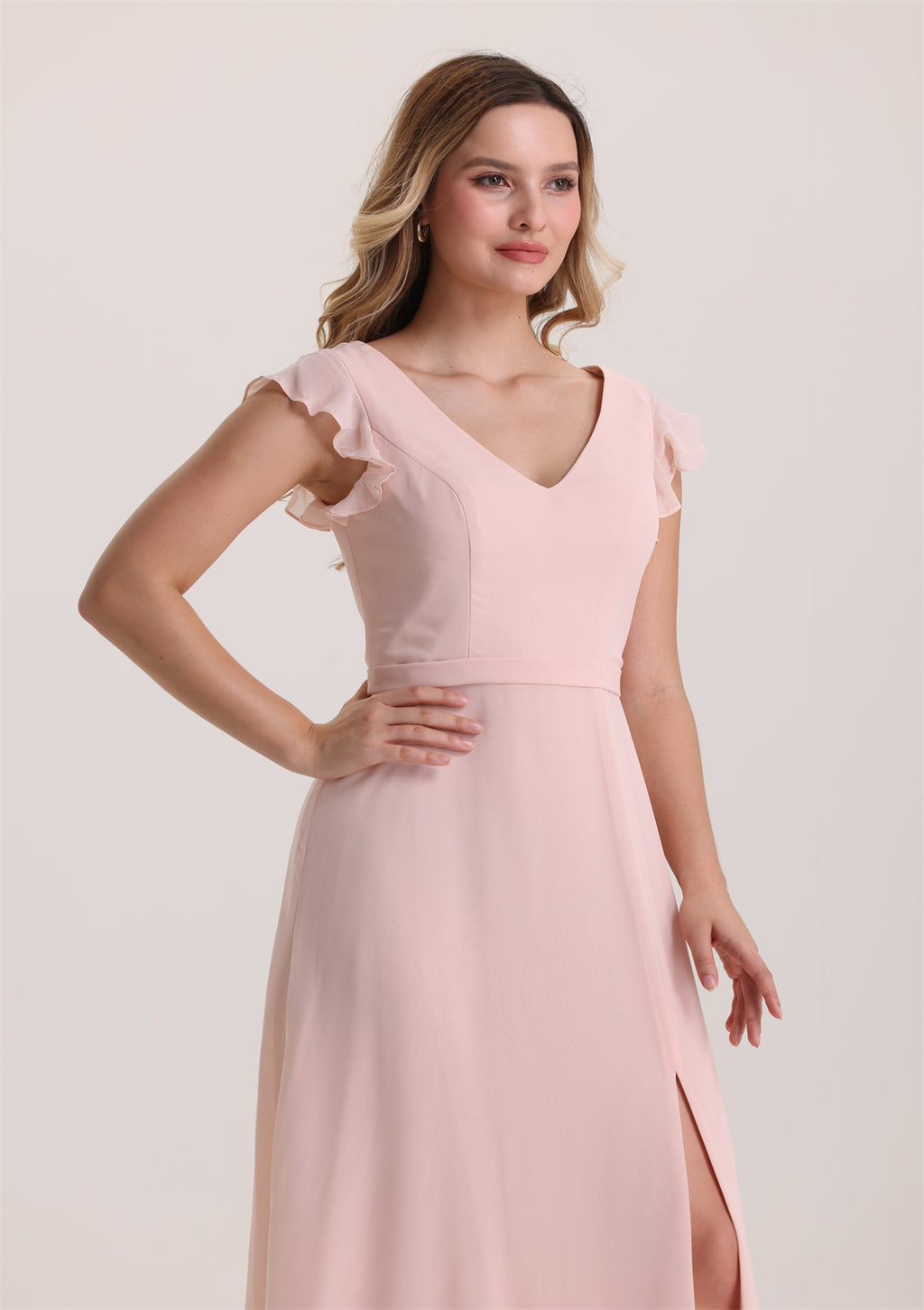 V Neck Ruffle Sleeves Slit Cut Out Back Bridesmaid Dress