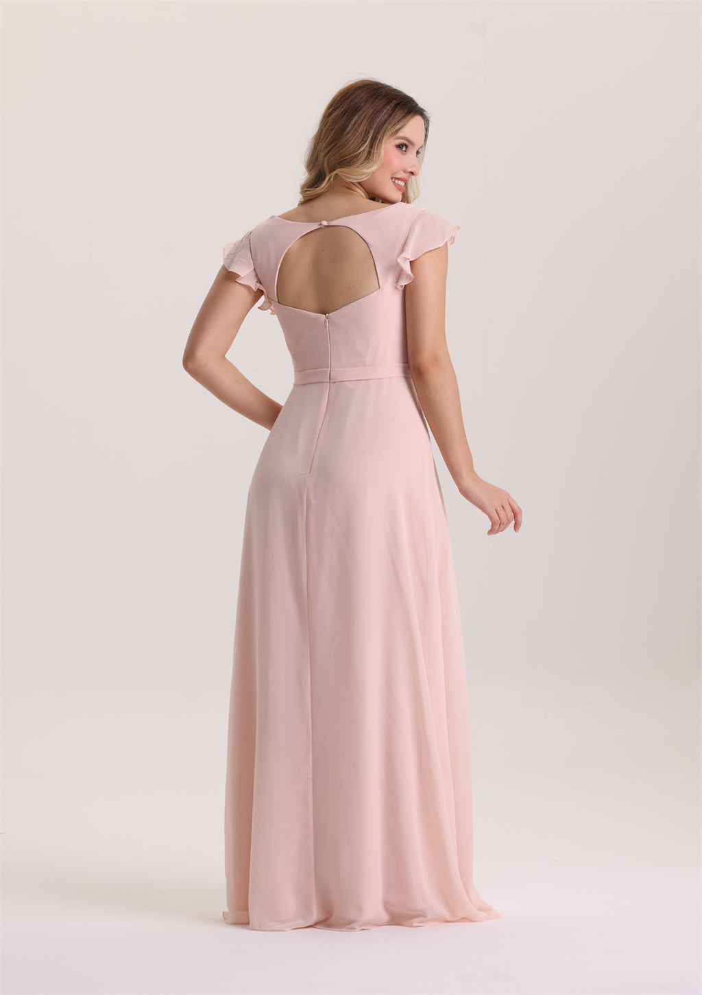 V Neck Ruffle Sleeves Slit Cut Out Back Bridesmaid Dress