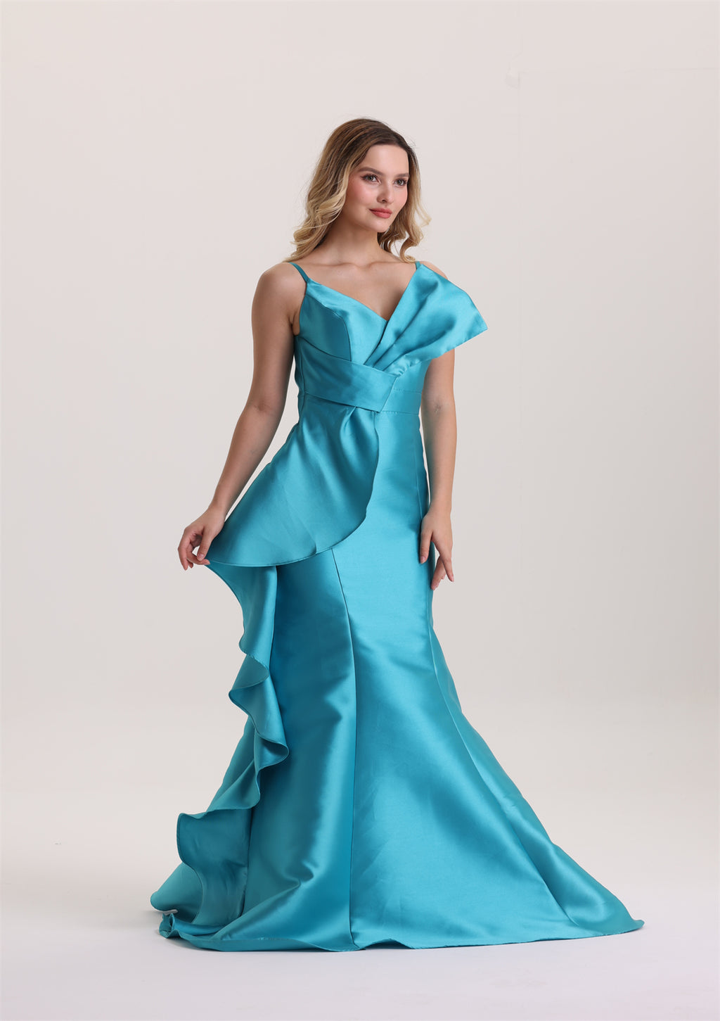 Mermaid Spaghetti Strap Ruffle Satin Evening Dress