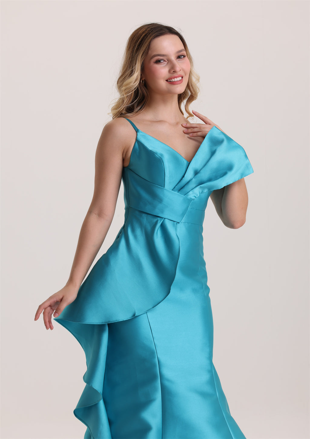 Mermaid Spaghetti Strap Ruffle Satin Evening Dress