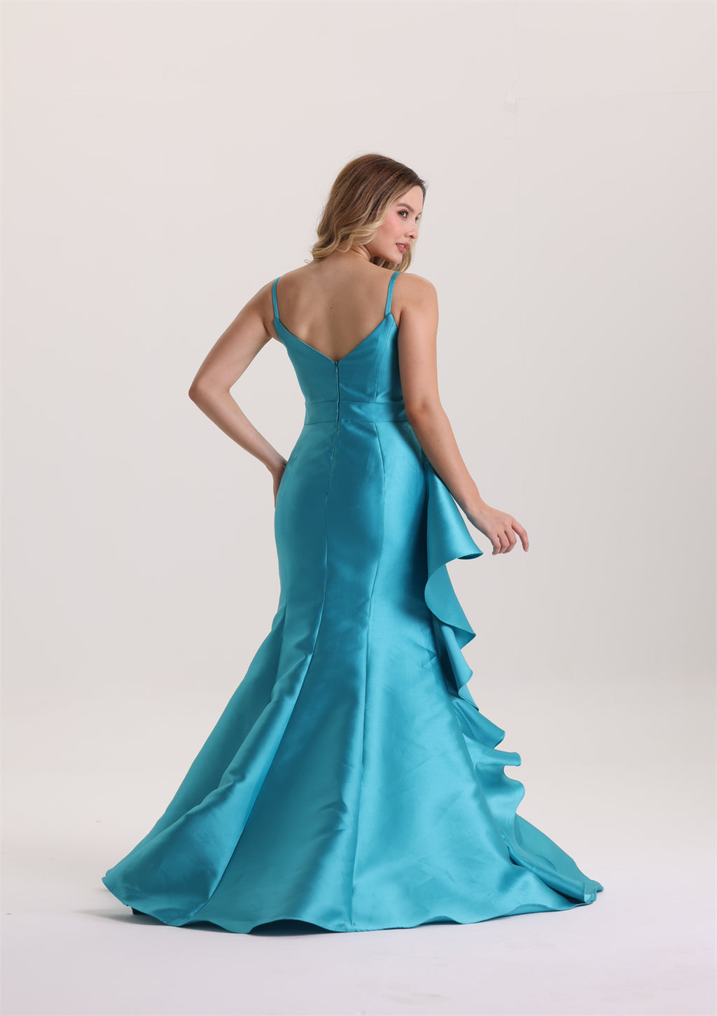 Mermaid Spaghetti Strap Ruffle Satin Evening Dress