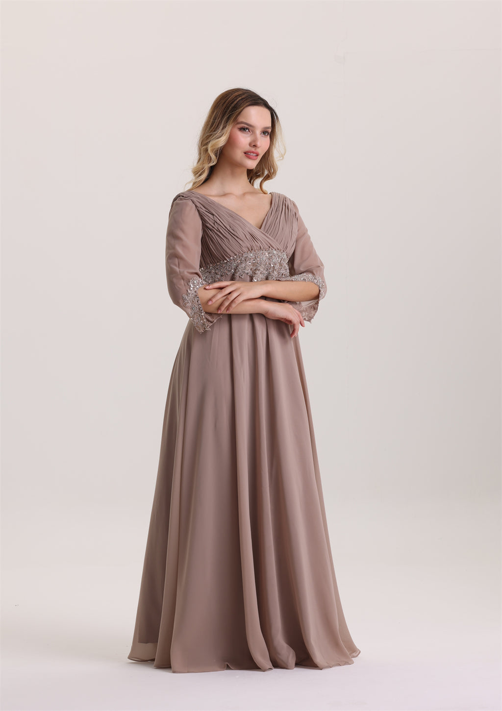 Classic Long Sleeves Applique Waist Mother of The Bride Dress