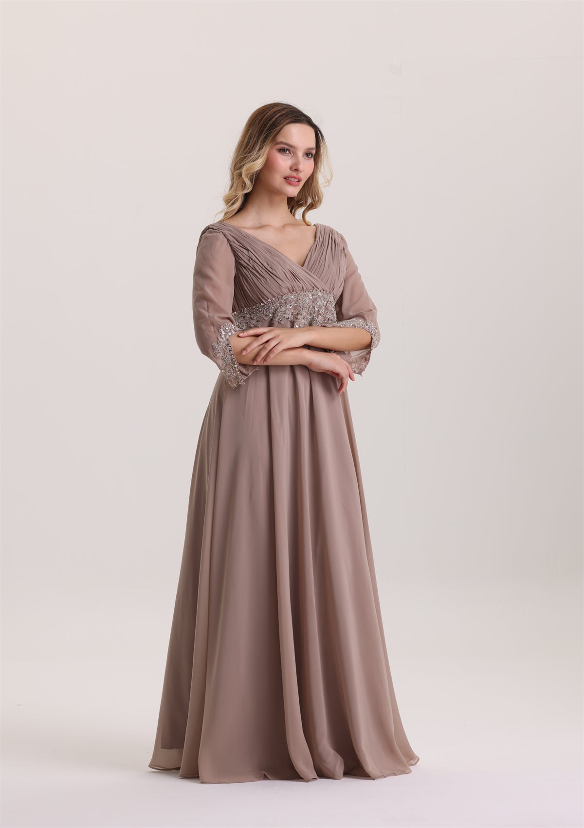Classic Long Sleeves Applique Waist Mother of The Bride Dress