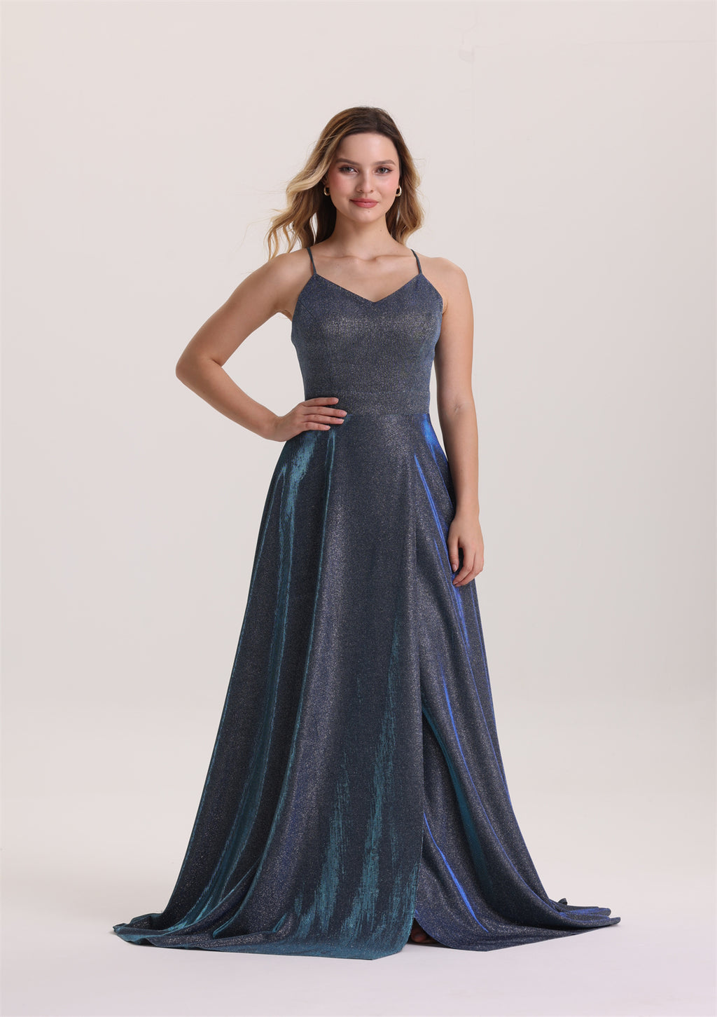 Metallic V Neck A Line Evening Dress