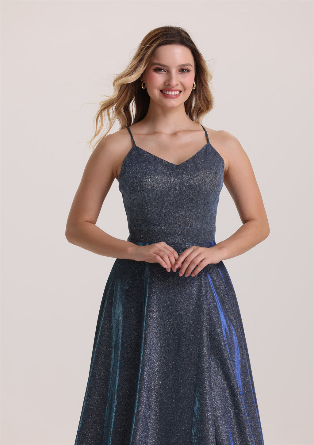 Metallic V Neck A Line Evening Dress