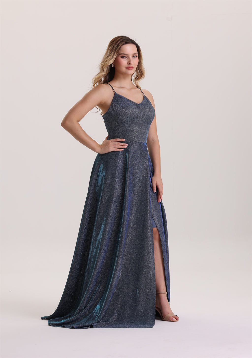 Metallic V Neck A Line Evening Dress