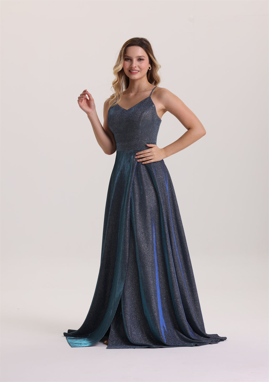 Metallic V Neck A Line Evening Dress