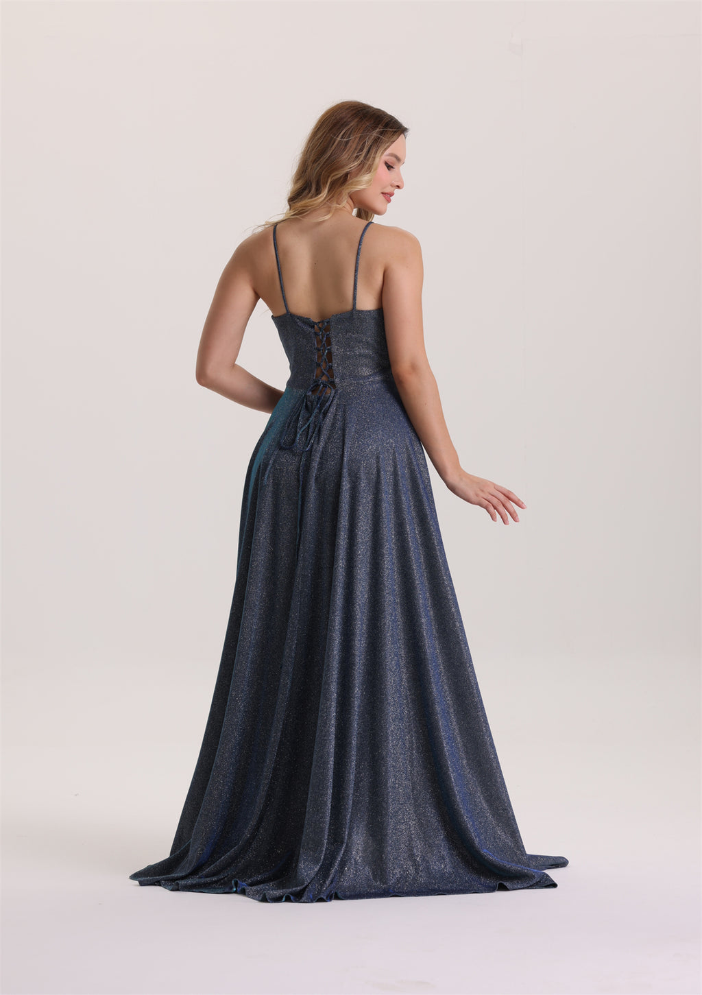 Metallic V Neck A Line Evening Dress
