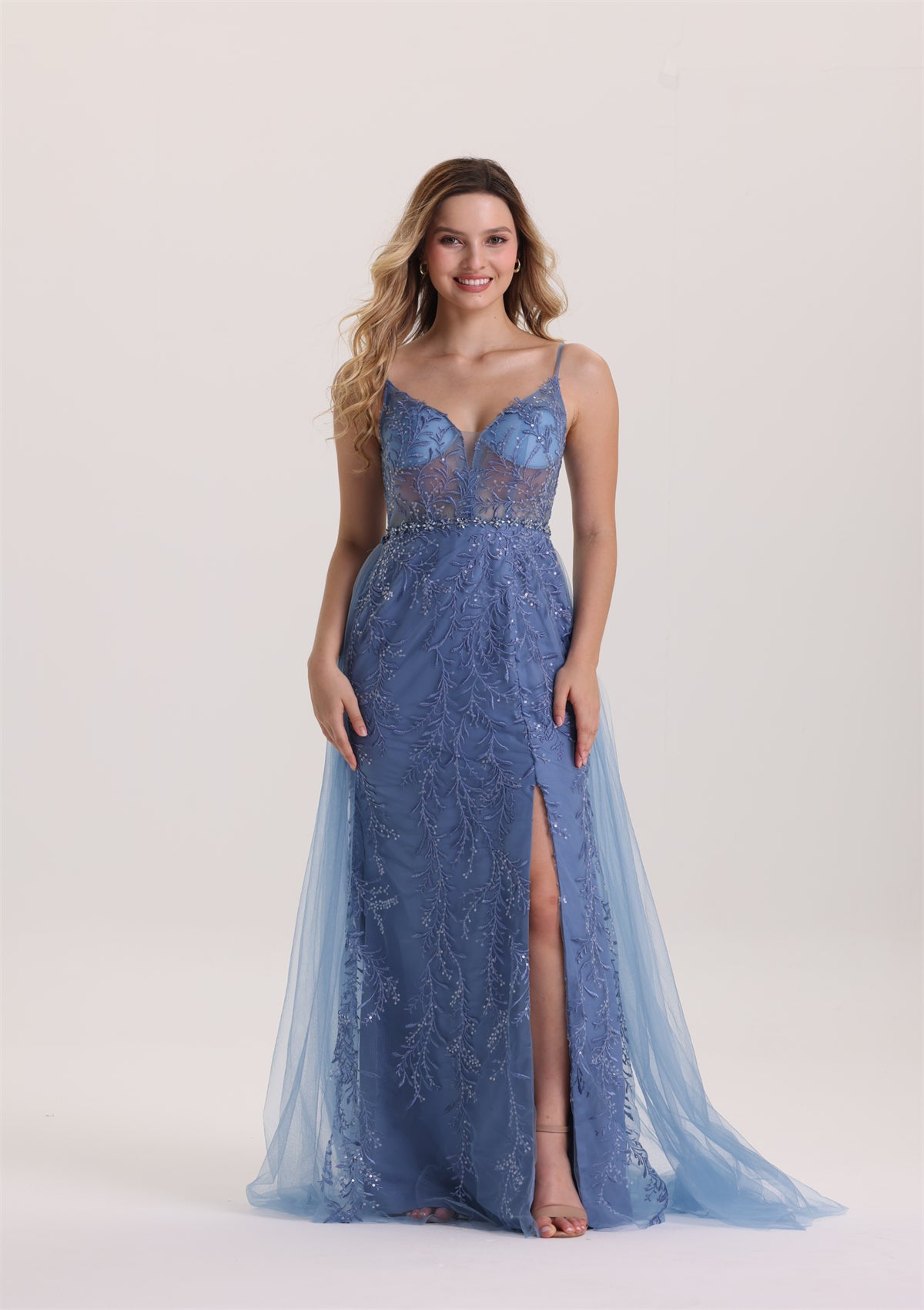 Column Sleeveless Sequin Appliques Rhinestone Waist Evening Dress