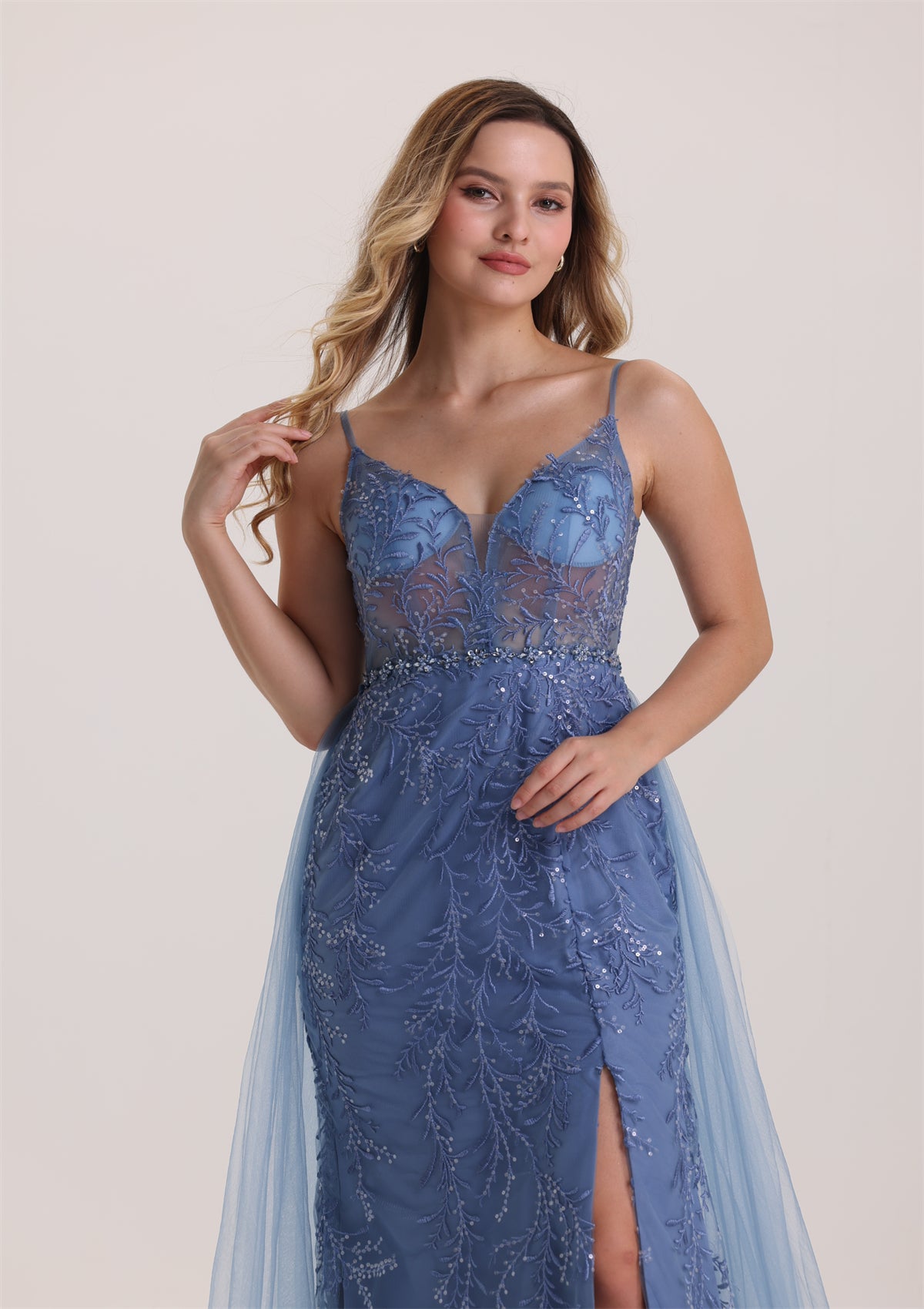Column Sleeveless Sequin Appliques Rhinestone Waist Evening Dress