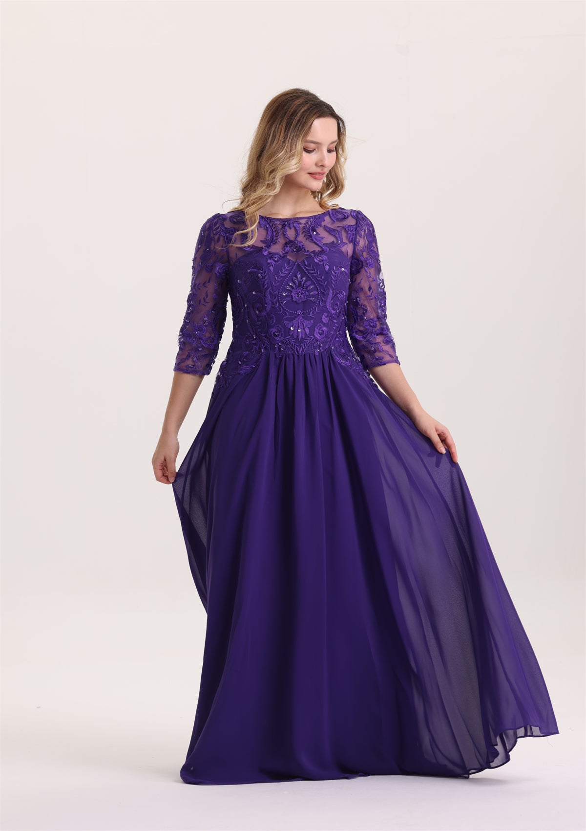 A Line Scoop Neck Sequin Appliques Mother of The Bride Dress with Sleeves
