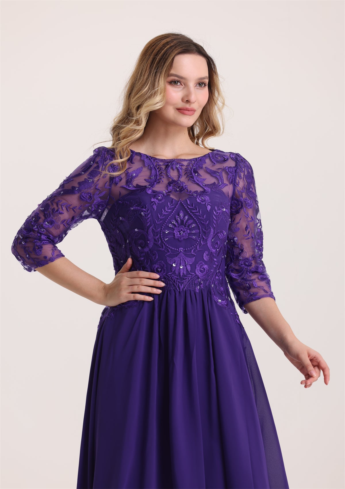 A Line Scoop Neck Sequin Appliques Mother of The Bride Dress with Sleeves