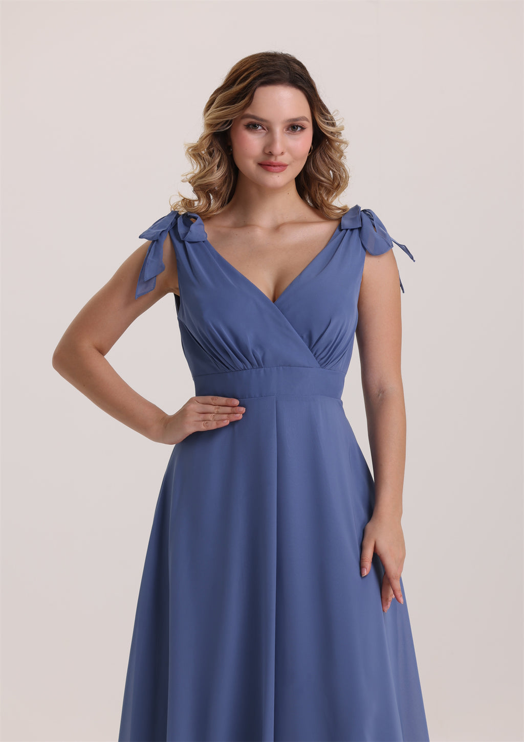 Spaghetti Strap with Bow V Neck Bridesmaid Dress