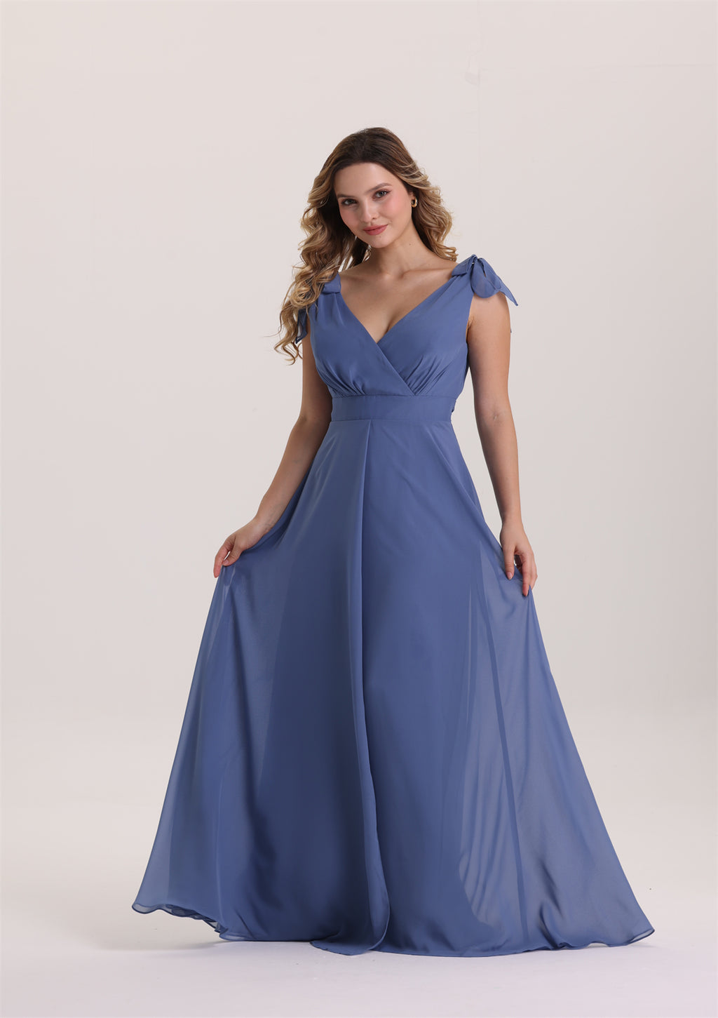 Spaghetti Strap with Bow V Neck Bridesmaid Dress