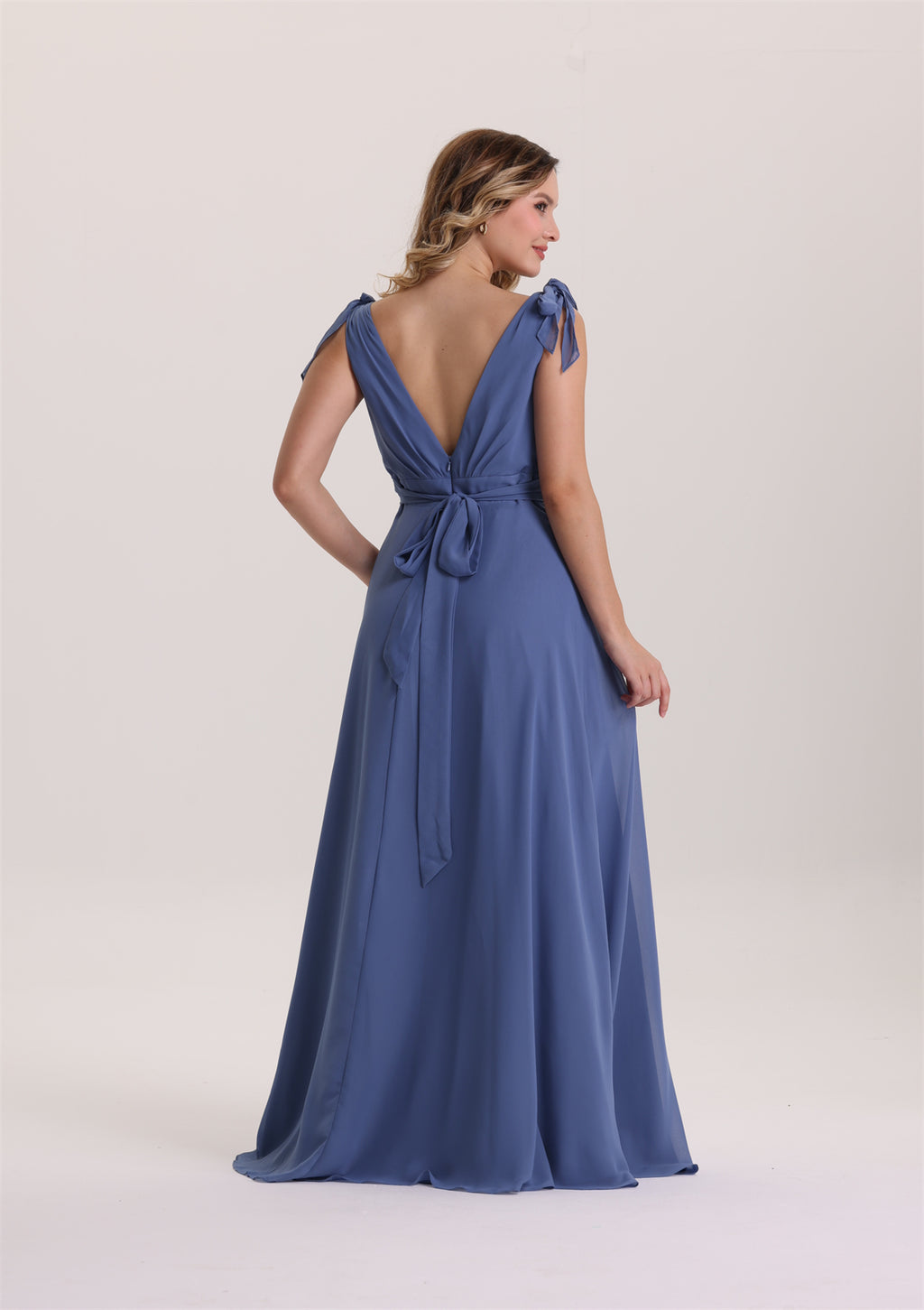 Spaghetti Strap with Bow V Neck Bridesmaid Dress
