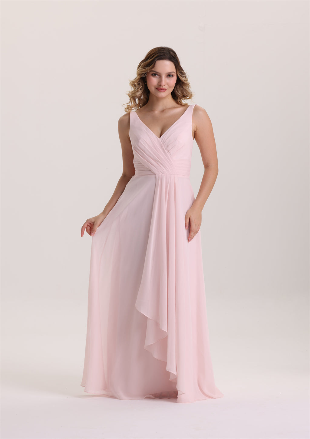 V Neck Spaghetti Strap Ruffle Bridesmaid Dress with Bow