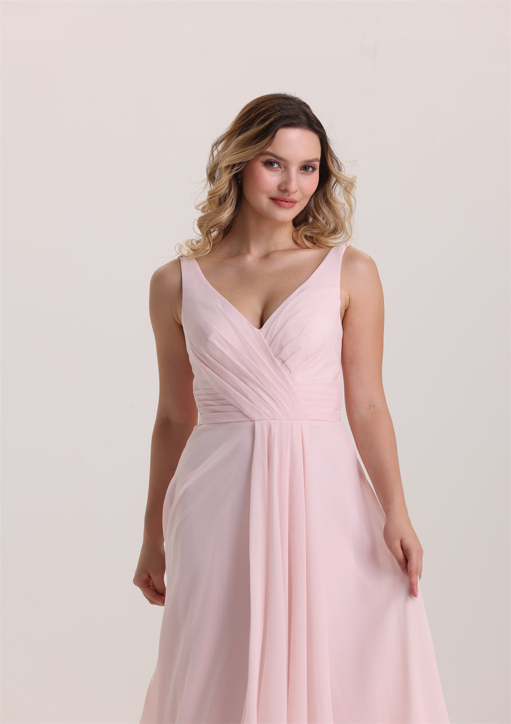 V Neck Spaghetti Strap Ruffle Bridesmaid Dress with Bow