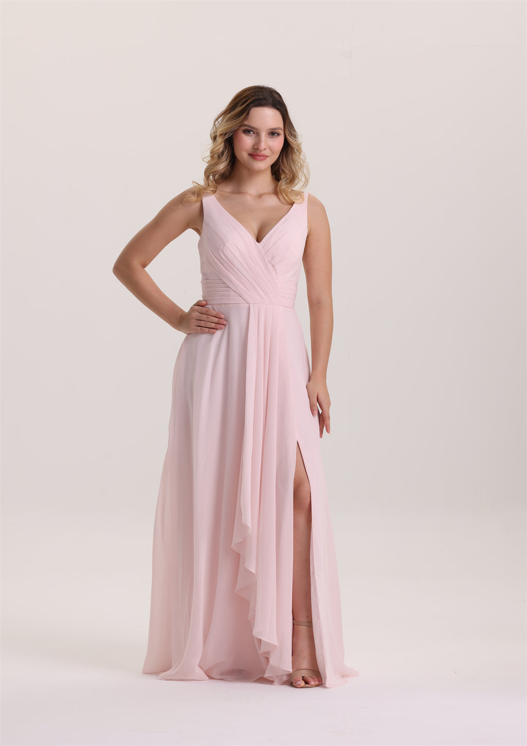V Neck Spaghetti Strap Ruffle Bridesmaid Dress with Bow