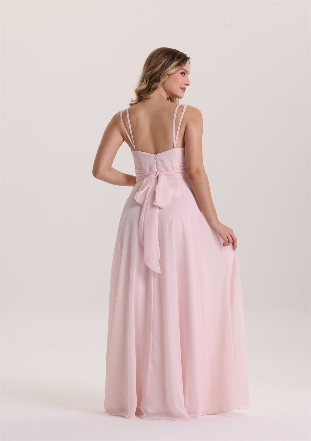 V Neck Spaghetti Strap Ruffle Bridesmaid Dress with Bow