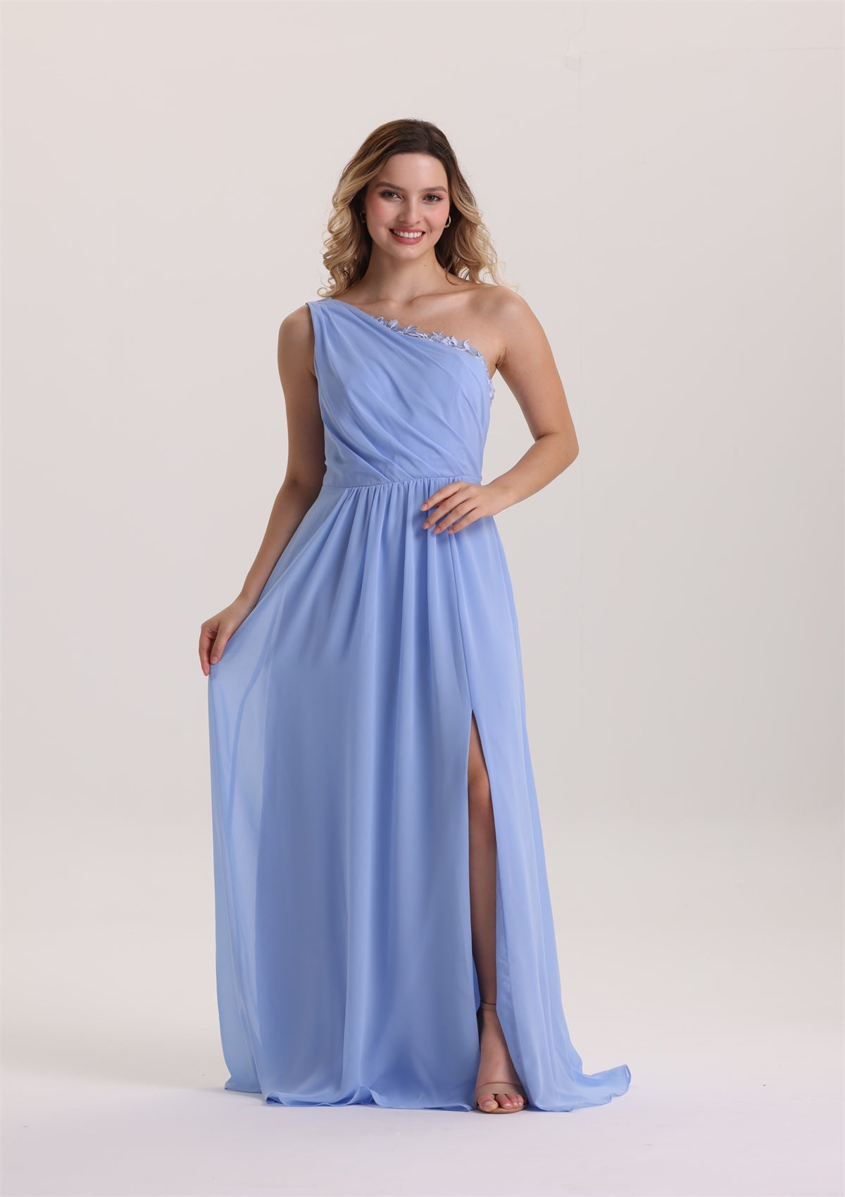 Asymmetrical Neck Chiffon Lace Applique Bridesmaid Dress
