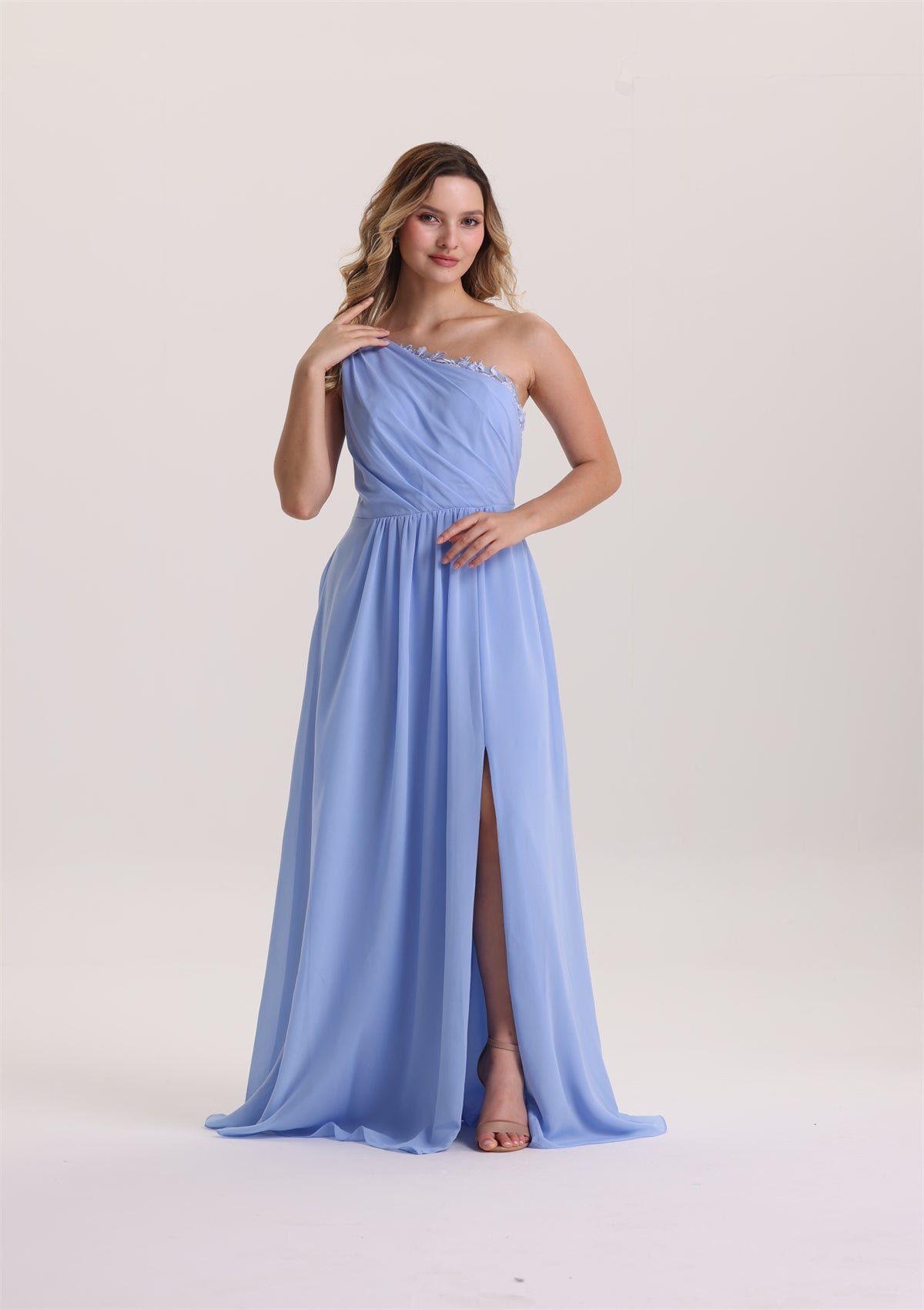 Asymmetrical Neck Chiffon Lace Applique Bridesmaid Dress
