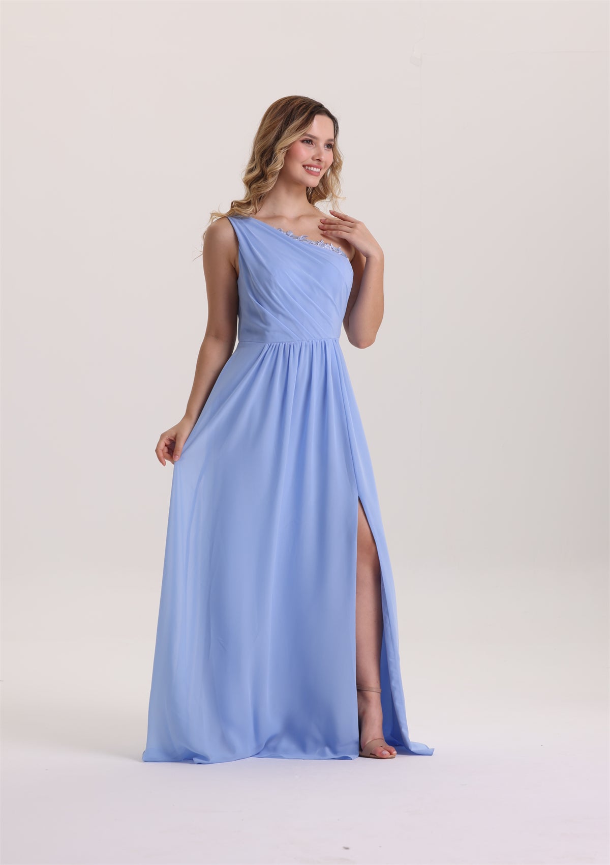 Asymmetrical Neck Chiffon Lace Applique Bridesmaid Dress